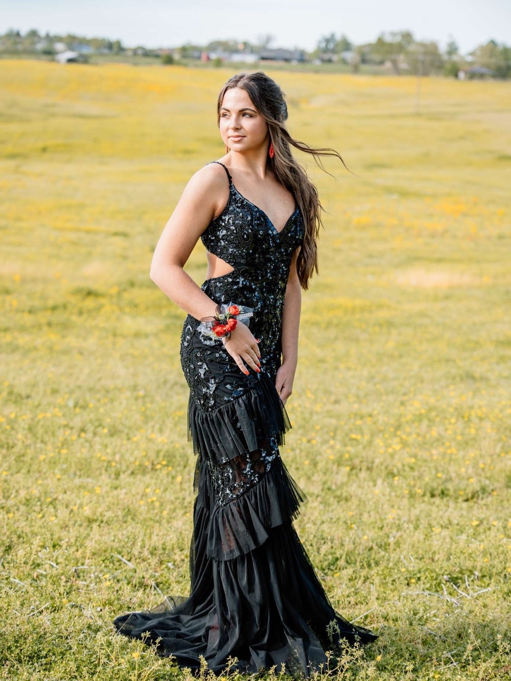 Black Sequin Fringe Maxi Dress with Side Cutouts - Women's Evening Gown
